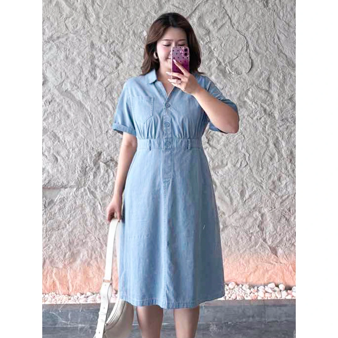 MsShe【云涧蓝影】大码秋洗水棉工装风V领开叉衬衫连衣裙C2503037