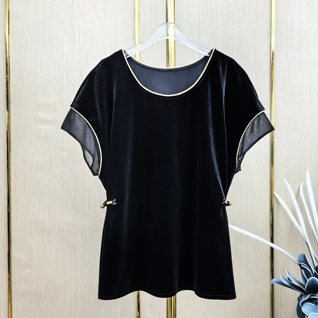 2025蝴蝶袖盘扣设计师款金丝绒短袖打底衫轻奢百搭气质YFZ-88317