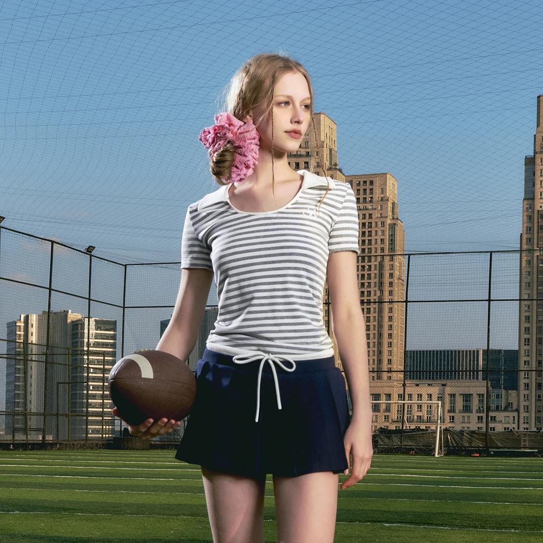 FORNINES条纹polo领正肩短袖T恤女夏季美式辣妹显瘦修身运动上衣