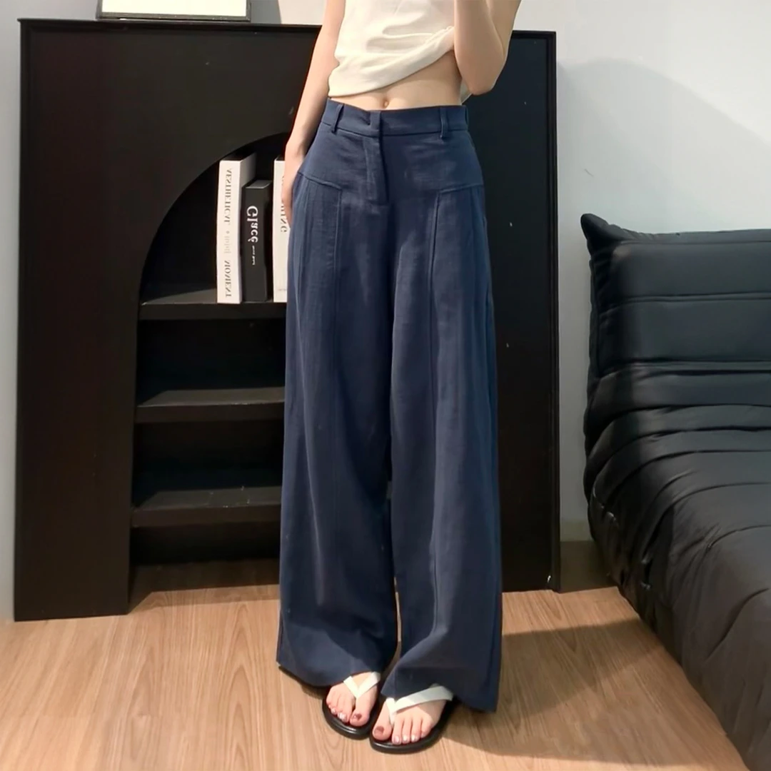 藏青色亚麻苎麻阔腿裤女夏季薄款高腰老钱风西装直筒棉麻休闲裤子