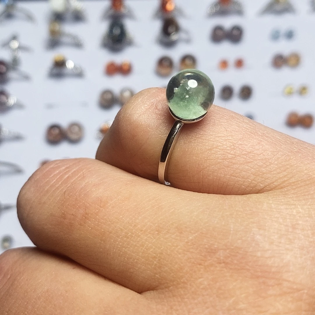 水晶戒指银S925镶嵌绿幽灵山戒指8mm