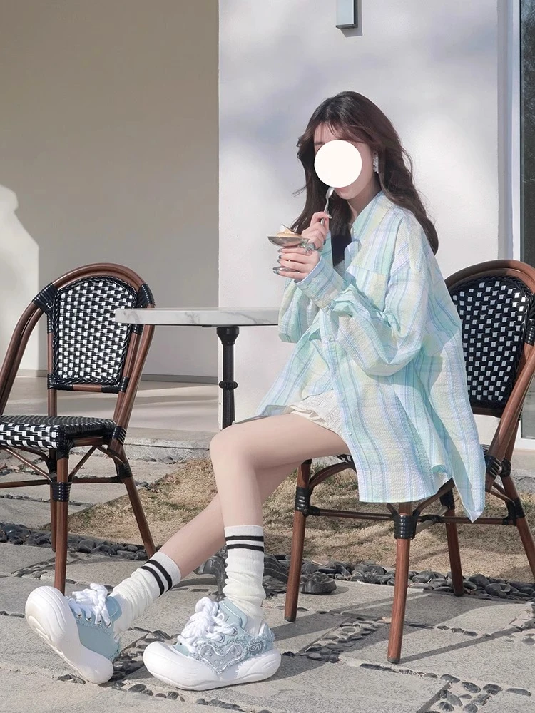 夏季外套韩系宽松防晒长袖格子衬衫慵懒设计感上衣薄荷曼波风穿搭