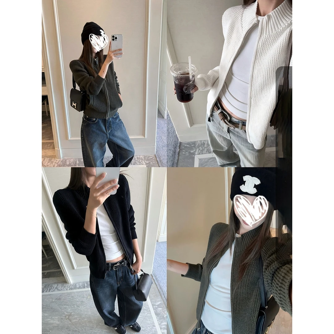 拉链华夫格针织外套女春秋2025新款百搭小个子显瘦气质休闲短开衫