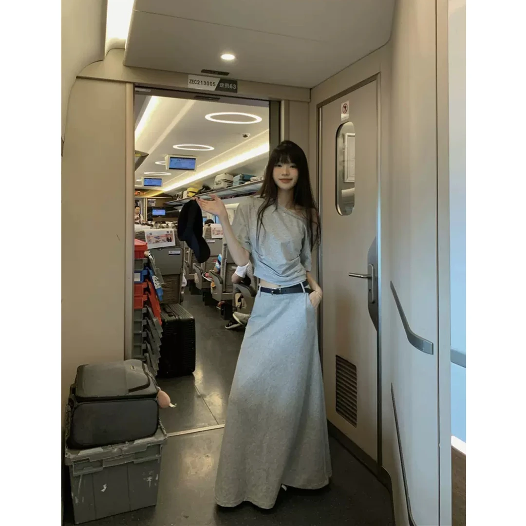 【现货专属】08471新款小心机灰色T恤垂感大摆半身裙