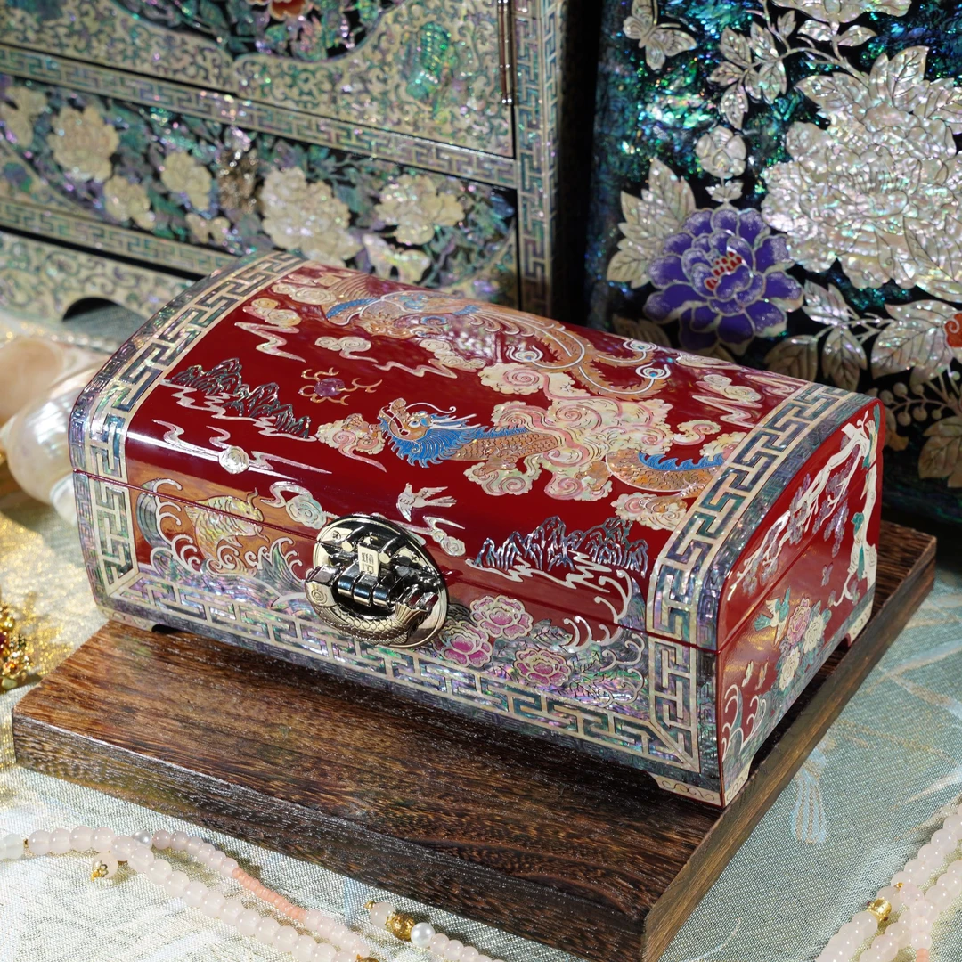 枕头款国朝龙凤螺钿漆器首饰盒高档实木结婚礼物新婚陪嫁礼品收纳