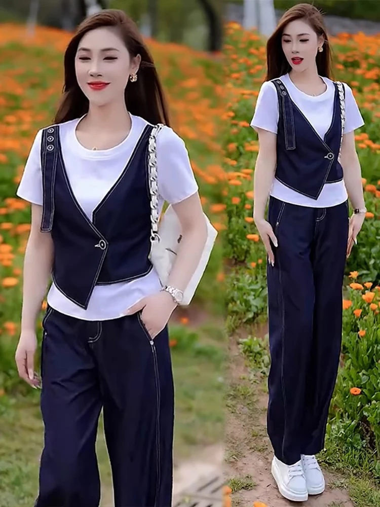 时尚牛仔套装女2025夏季新款洋气显瘦假两件短袖上衣阔腿裤两件套