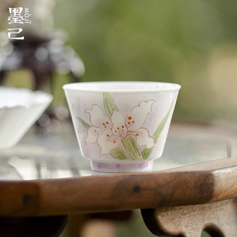 墨己玉泥白瓷手绘百合花陶瓷主人杯功夫茶具家用茶杯墨染紫品茗杯
