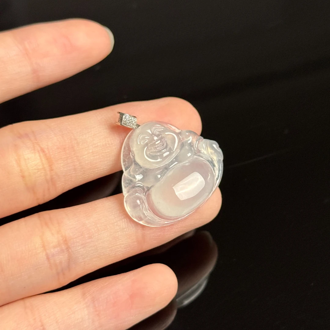 天然A货翡翠高冰种佛公18K金扣头吊坠