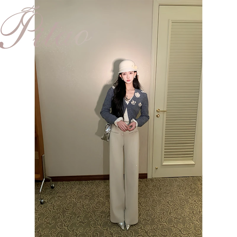 杜屁屁桃PITAO 原创【静奢主义】时尚小香高腰直筒长裤+百搭针织衫