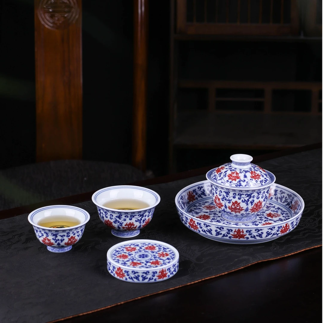 景德镇青花釉里红缠枝莲手工五件套礼盒装送礼