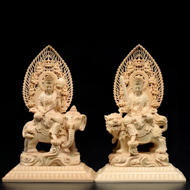 桧木木雕华严三圣骑兽文殊普贤释迦牟尼佛木雕刻工艺品家玄关摆件