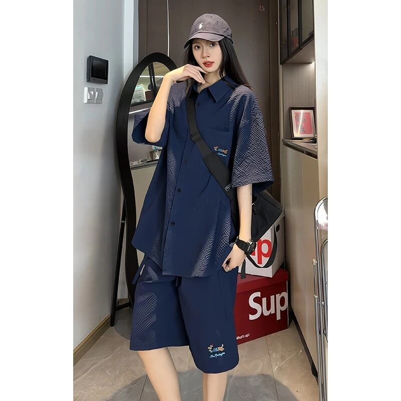 男女同款泡泡纱短袖半袖衬衫男一套搭配套装男夏季休闲运动服T恤