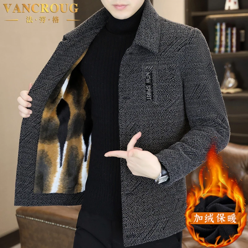 VANCROUG/法劳格夹克男士秋冬时尚翻领休闲加绒加厚保暖毛呢外套