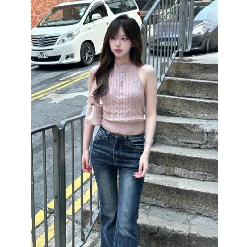 粉色针织挂脖吊带背心女夏季外穿甜辣妹设计感小众麻花露背上衣潮