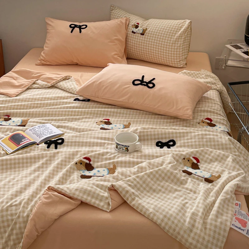 腊肠狗水洗棉空调被夏凉被四件套毛巾绣夏被薄被子凉感亲肤透气