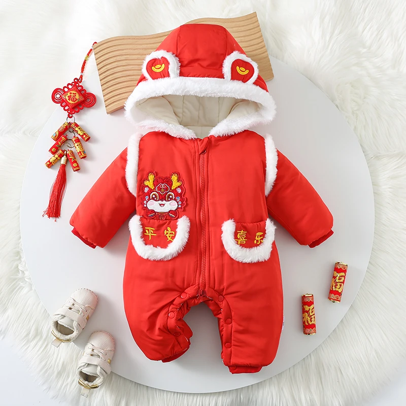 韩版婴幼儿过年喜庆衣服冬季宝宝连体衣红色棉服周岁礼服拜年爬服
