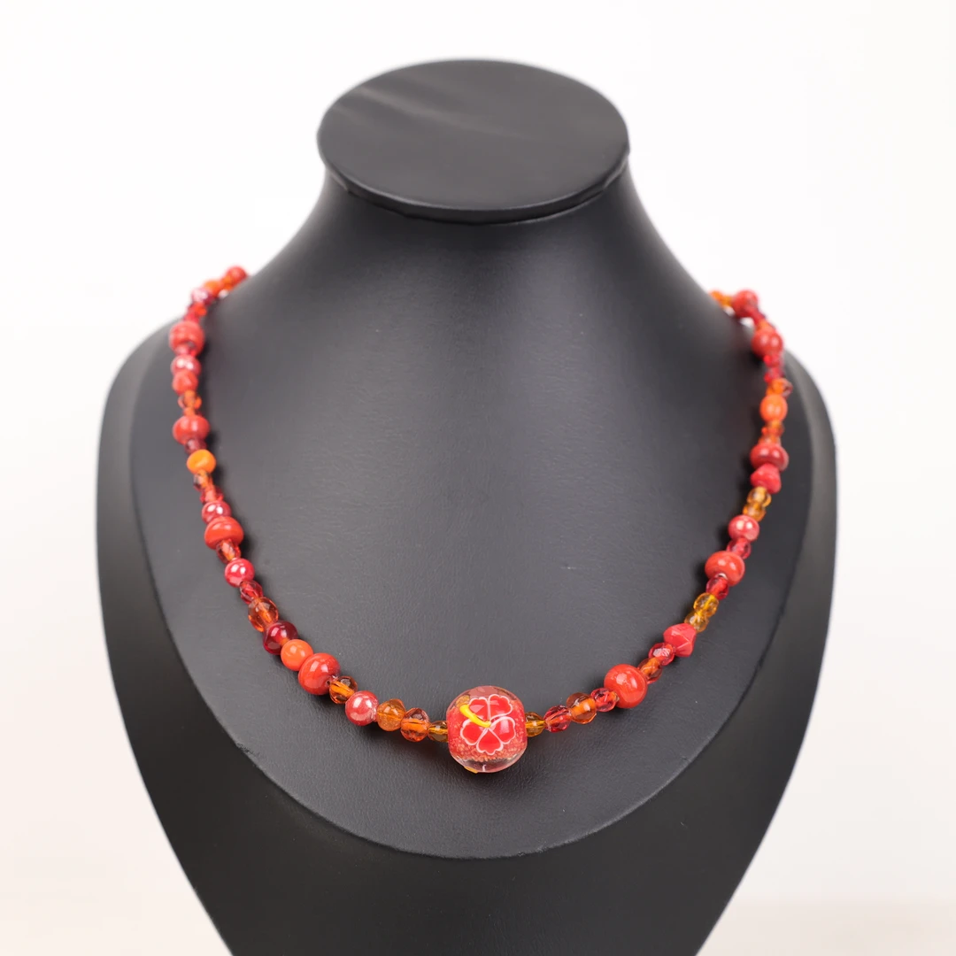 合金项链 LZ2469 红色五叶草小花珠台湾老师琉璃项链