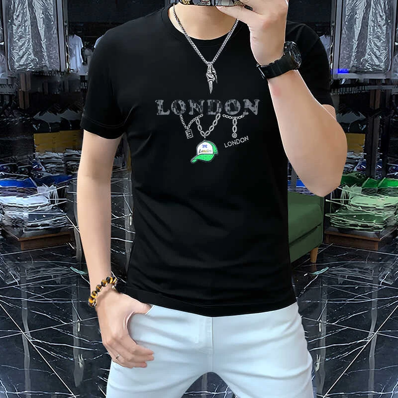 2025夏季新款男装潮流短袖圆领衫高档烫钻字母帽子时尚舒适修身型