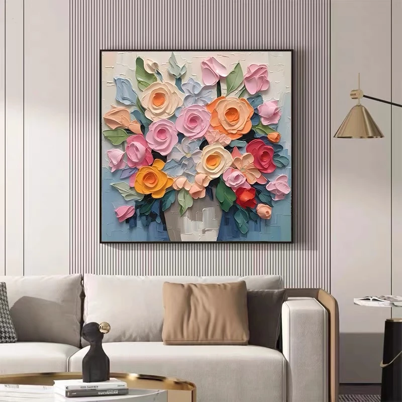 花卉客厅餐厅挂画砂岩画高级手工砂岩画定制复古砂岩画