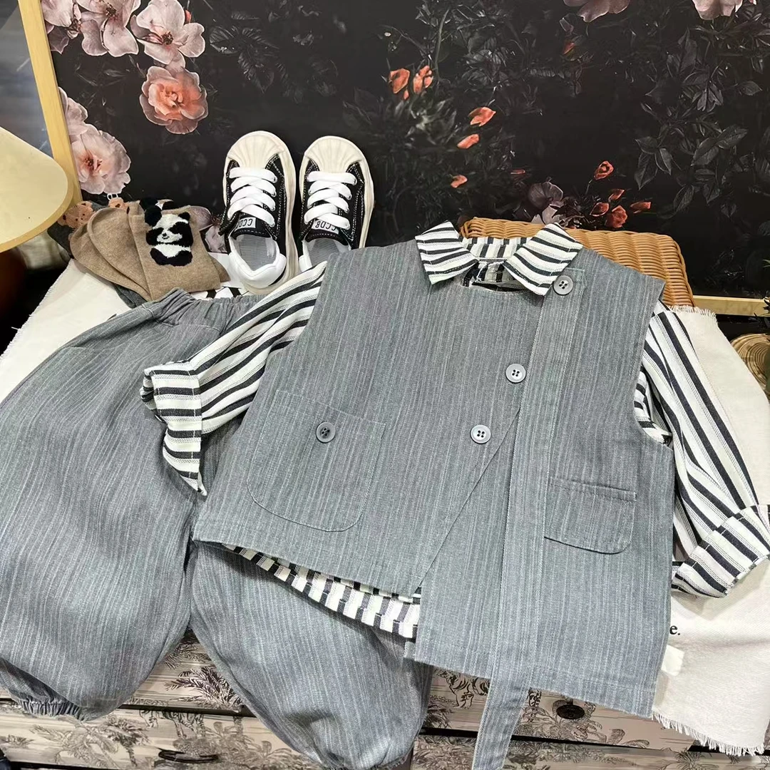 儿童春秋男女宝时尚洋气韩版个性西服马甲衬衫裤子三件套 H687
