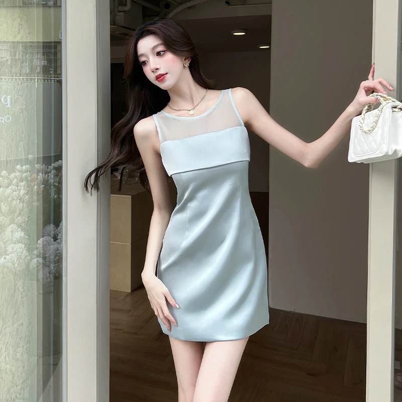 高级感气质网纱拼接连衣裙夏季205新款高端洋气质收腰显瘦A字裙子