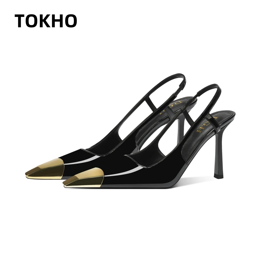 【1-9-4】网红同款金属方头细跟高跟鞋黑色百搭性感轻职御姐高跟鞋