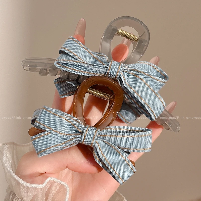 蓝色牛仔蝴蝶结抓夹后脑勺气质盘发鲨鱼夹子头饰发卡女发量多发夹