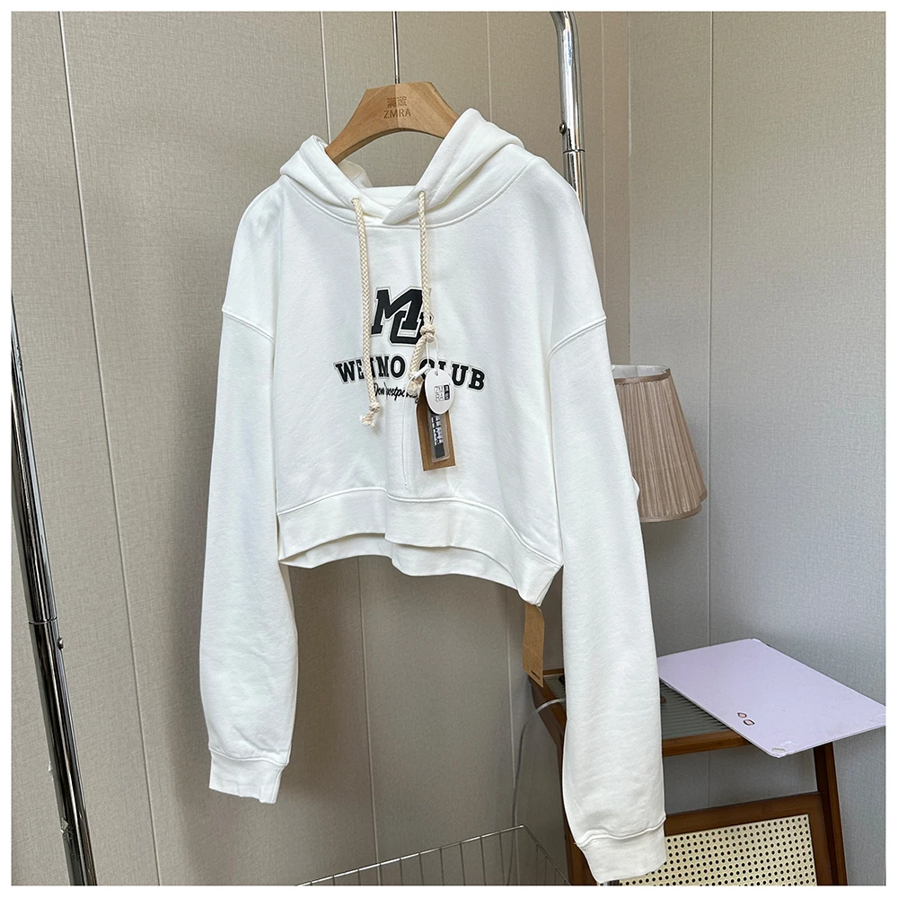 1W007  春季新款女士印花百搭短款长袖连帽卫衣