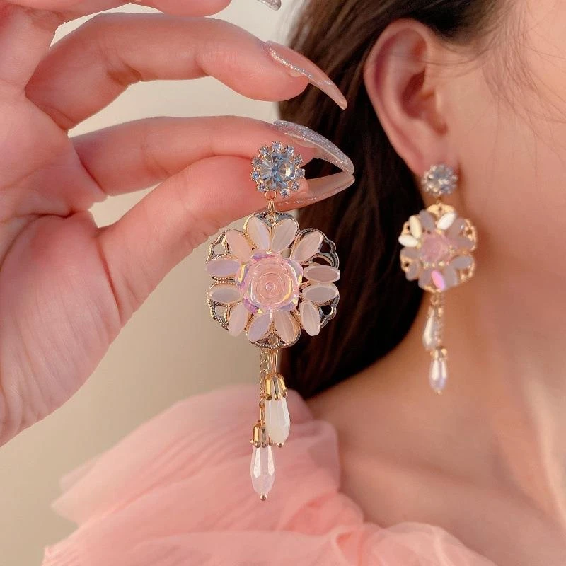 铜合金锆石耳饰 925银针新款韩国东大门重工复古花朵长款耳环耳饰
