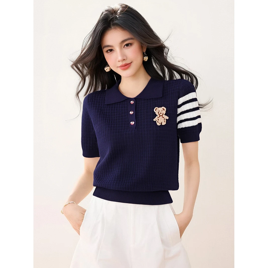 新款夏季韩版小熊刺绣翻领针织短袖格纹修身Polo衫藏青白蓝色时尚
