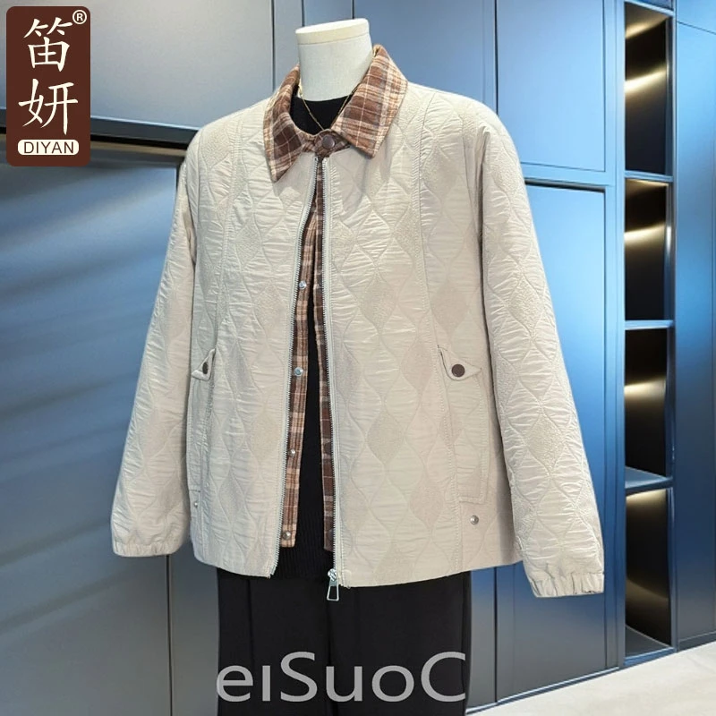 洋气妈妈秋装风衣外套中年女装翻领夹克中老年春秋气质格子上衣服