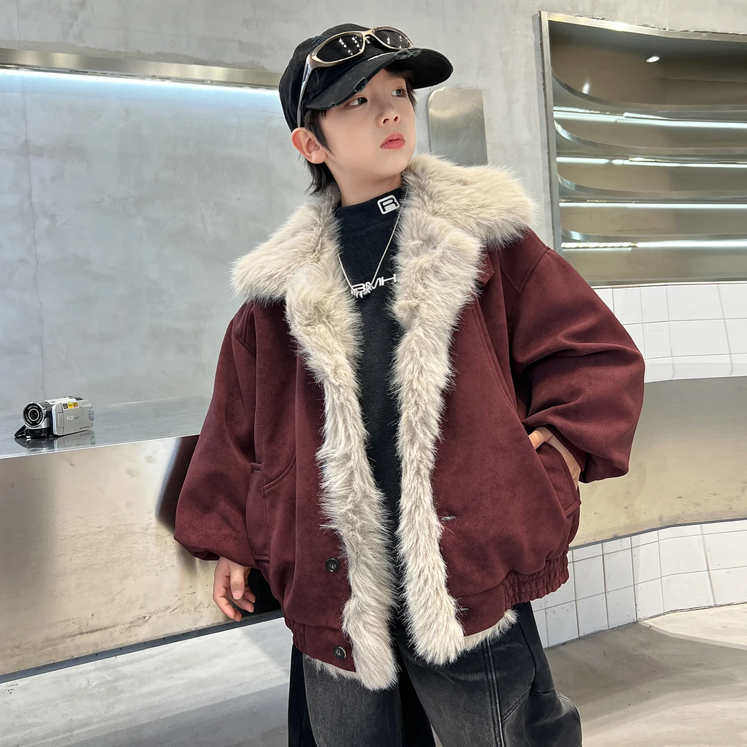 男童冬季夹棉外套2025年秋冬新款中大童高级感兔毛领加厚保暖外套