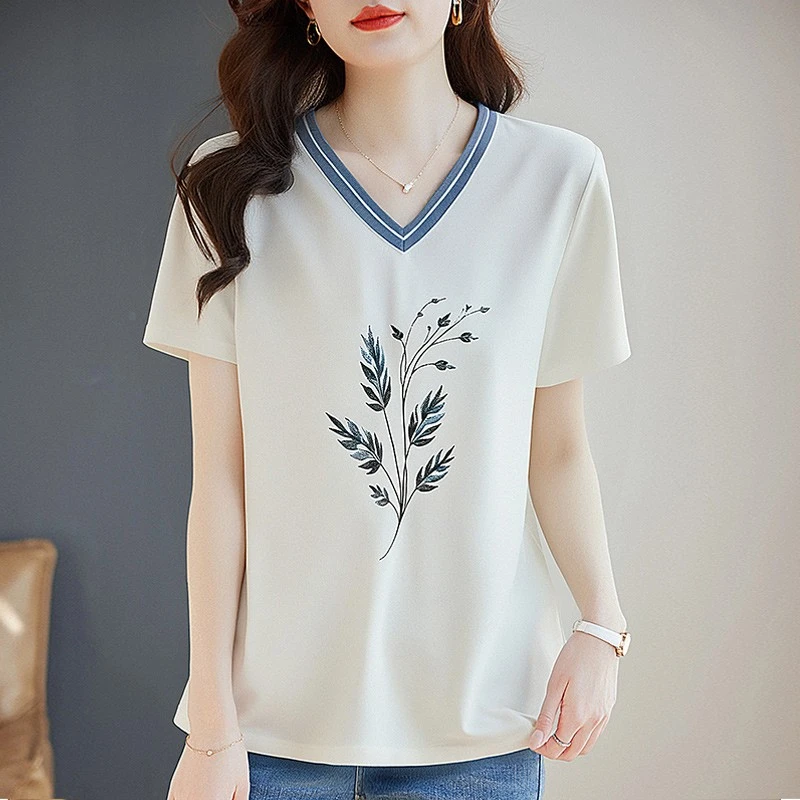 白色V领女士短袖体恤夏季新款宽松遮肉t恤胖mm大码女装正肩上衣女