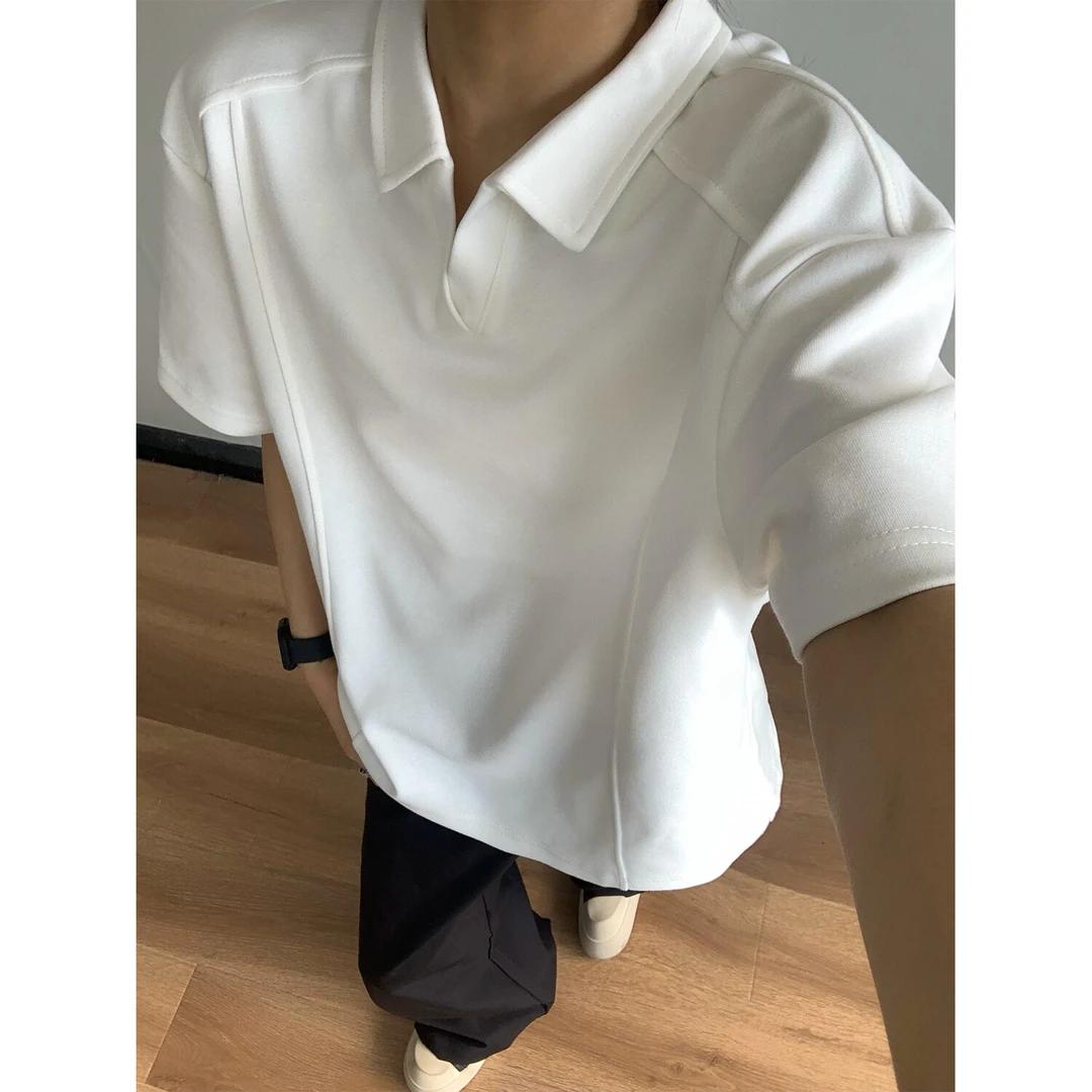 解构polo衫重磅v领短袖t恤男女夏季美式情侣潮牌宽松潮流五分半袖