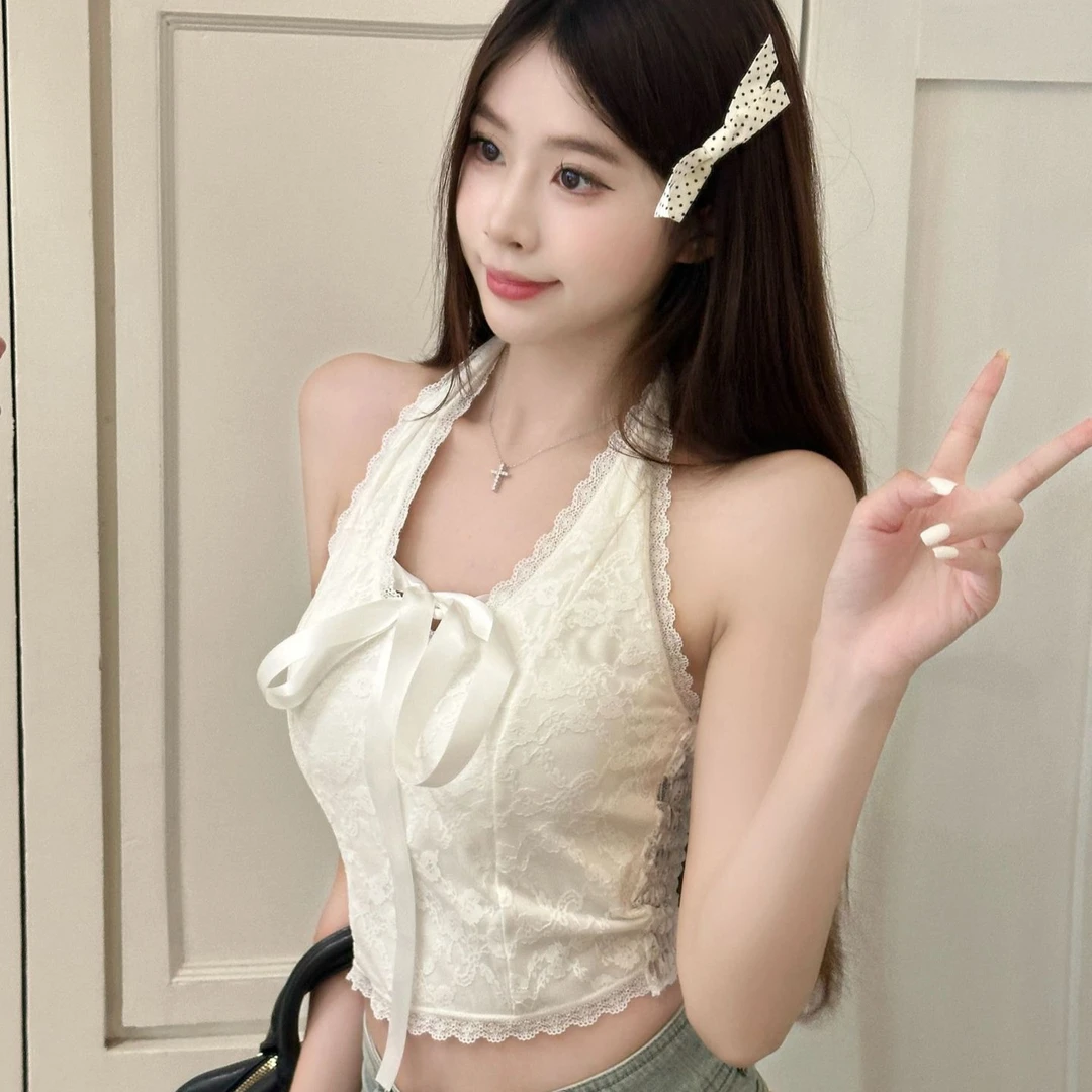 纯欲风性感辣妹蕾丝带胸垫挂脖吊带背心女法式百搭打底衫无袖上衣