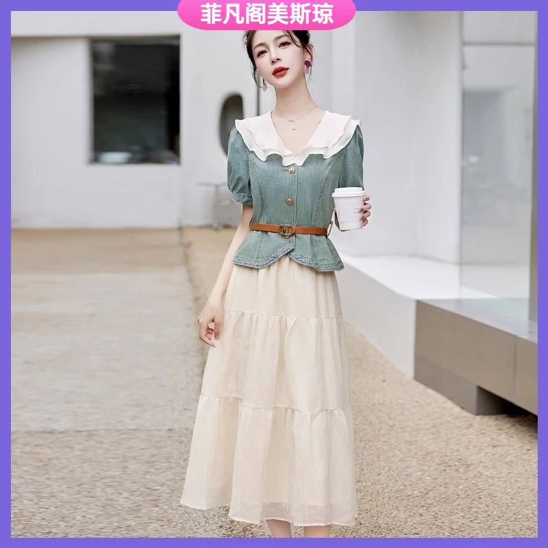 I时尚牛仔套装女夏装2024新款流行小个子气质漂亮半身裙两件套l