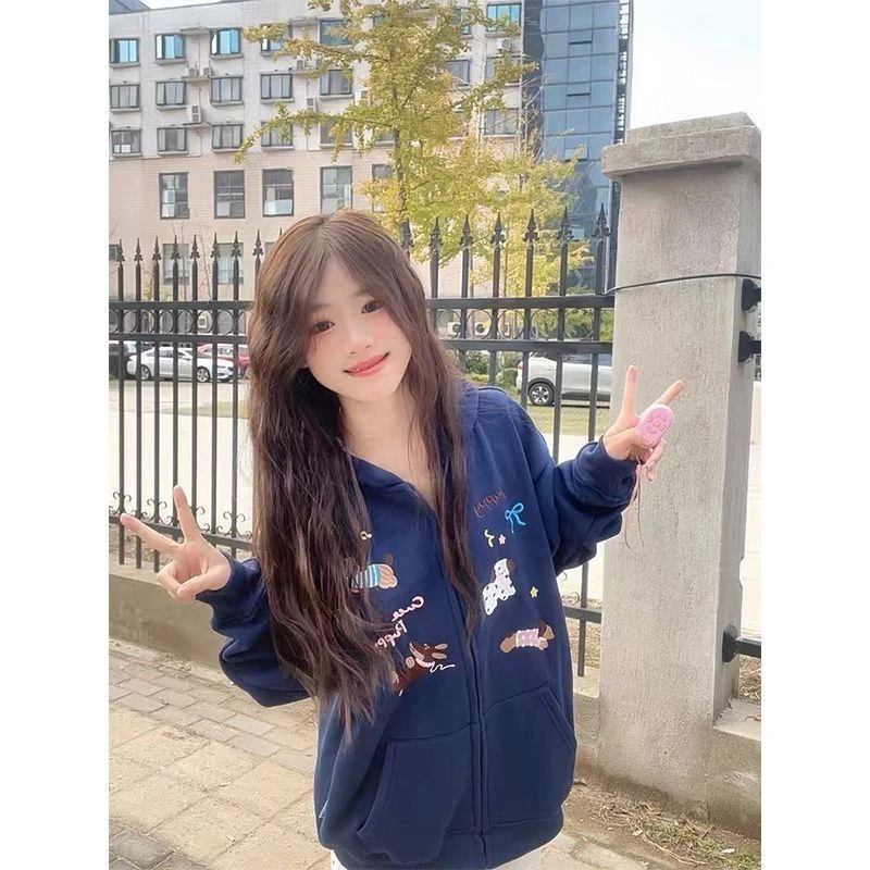 美式狗狗刺绣格子连帽卫衣开衫女秋冬宽松韩系慵懒风chic加绒外套