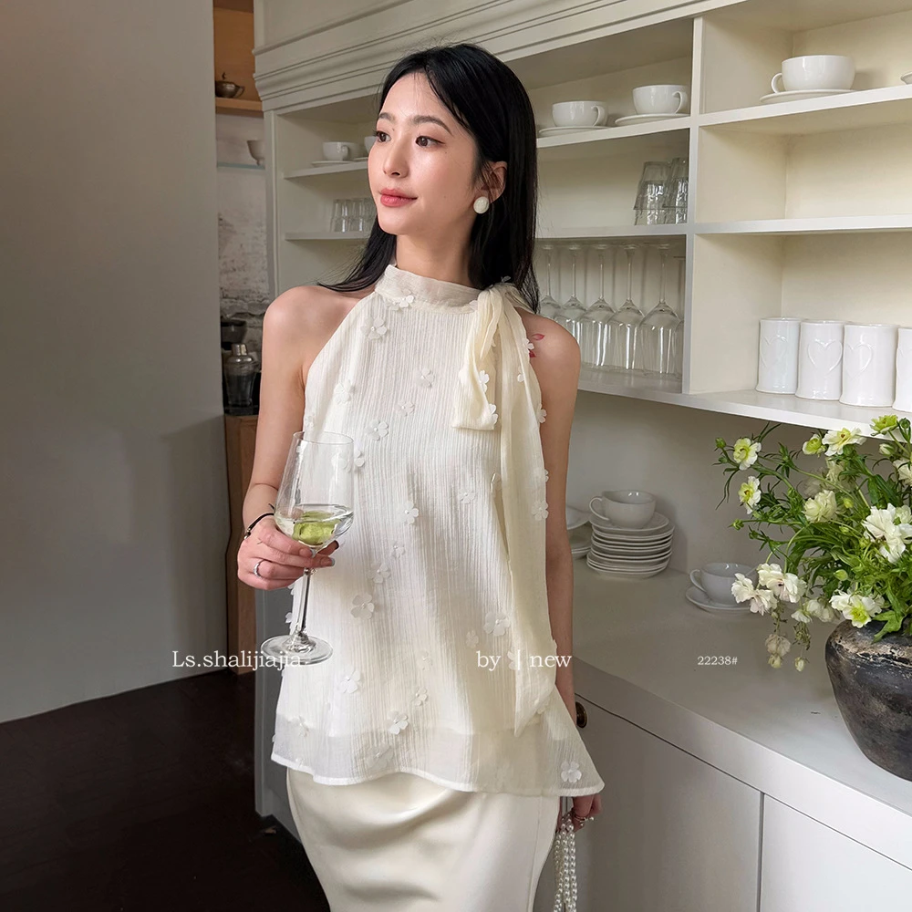 新品2025LS度假风#22238夏季小衫女甜美广州十三行女装无袖挂脖