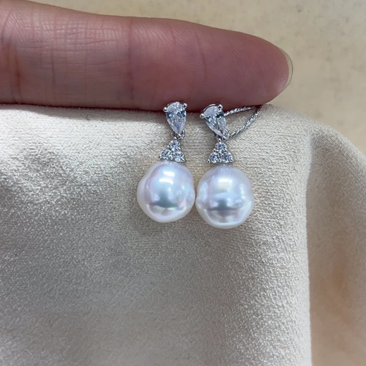 银S925镶嵌耳饰海水珍珠澳白9-10m 81号