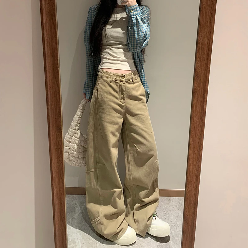 微胖mm卡其色显瘦百搭垂感牛仔裤女春季新款设计感高腰宽松阔腿裤