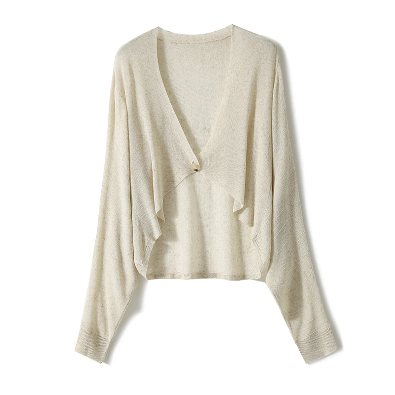 【九月木兮】防晒含天丝亚麻混纺慵懒V领镂空针织外套S72325ZWDMG