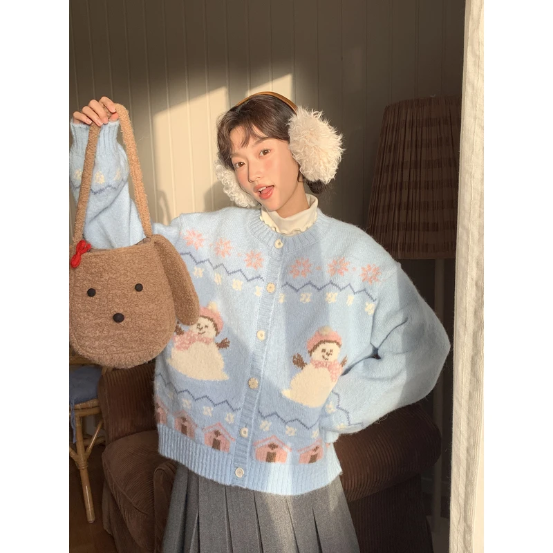 Jiang jam/姜姜姜酱少女感减龄雪人提花羊毛针织毛衣女