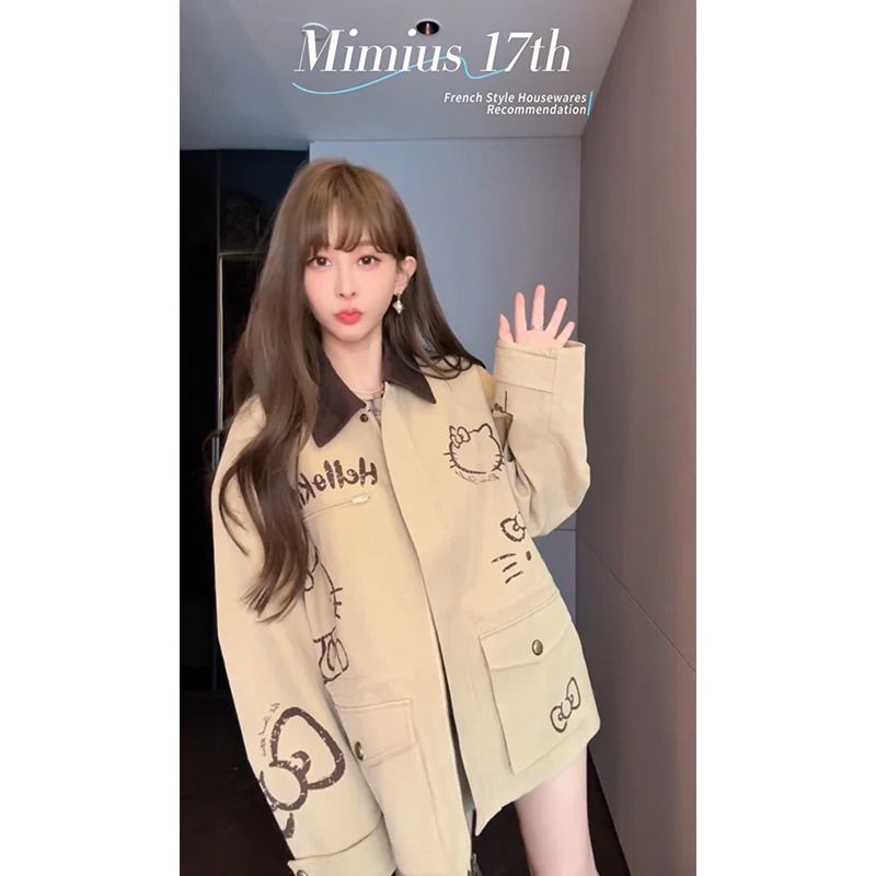 【mimius】P 设计感巴恩风凯蒂猫涂鸦翻领工装外套 G08096
