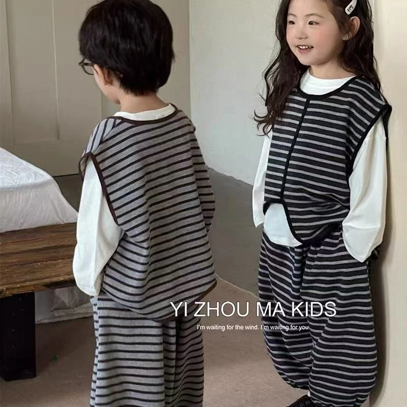 韩系潮牌三件套2025新款秋季男女童宽松上衣