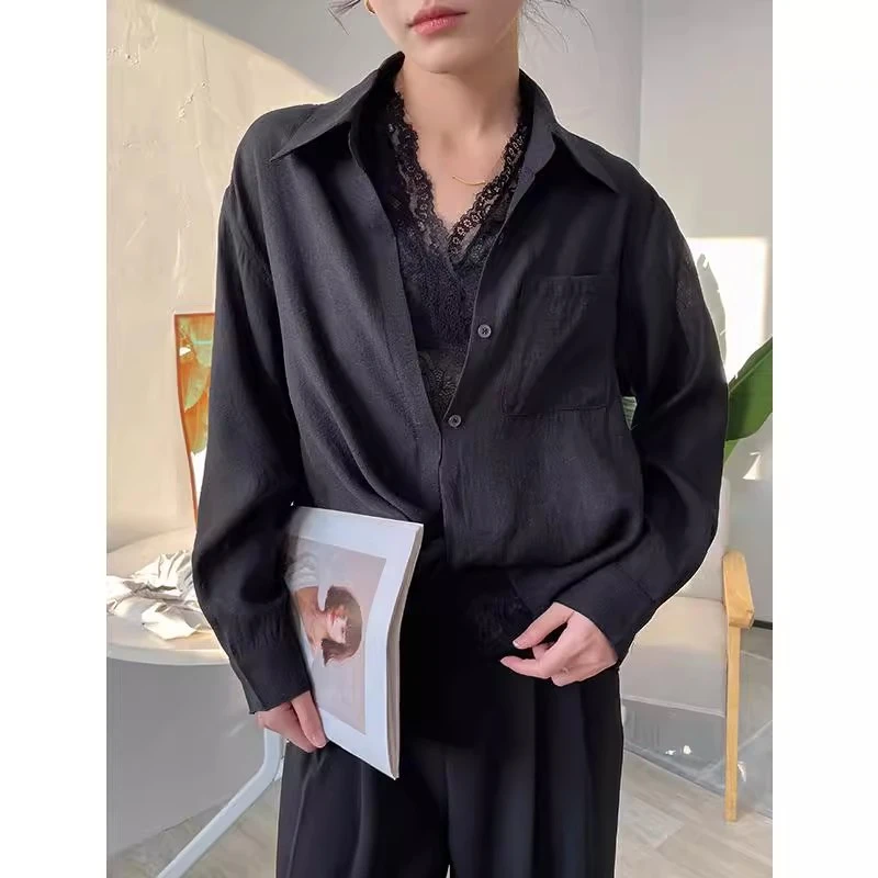 Polo领黑色女士衬衫春秋季长袖衬衣打底开衫上衣蕾丝内搭两件套装