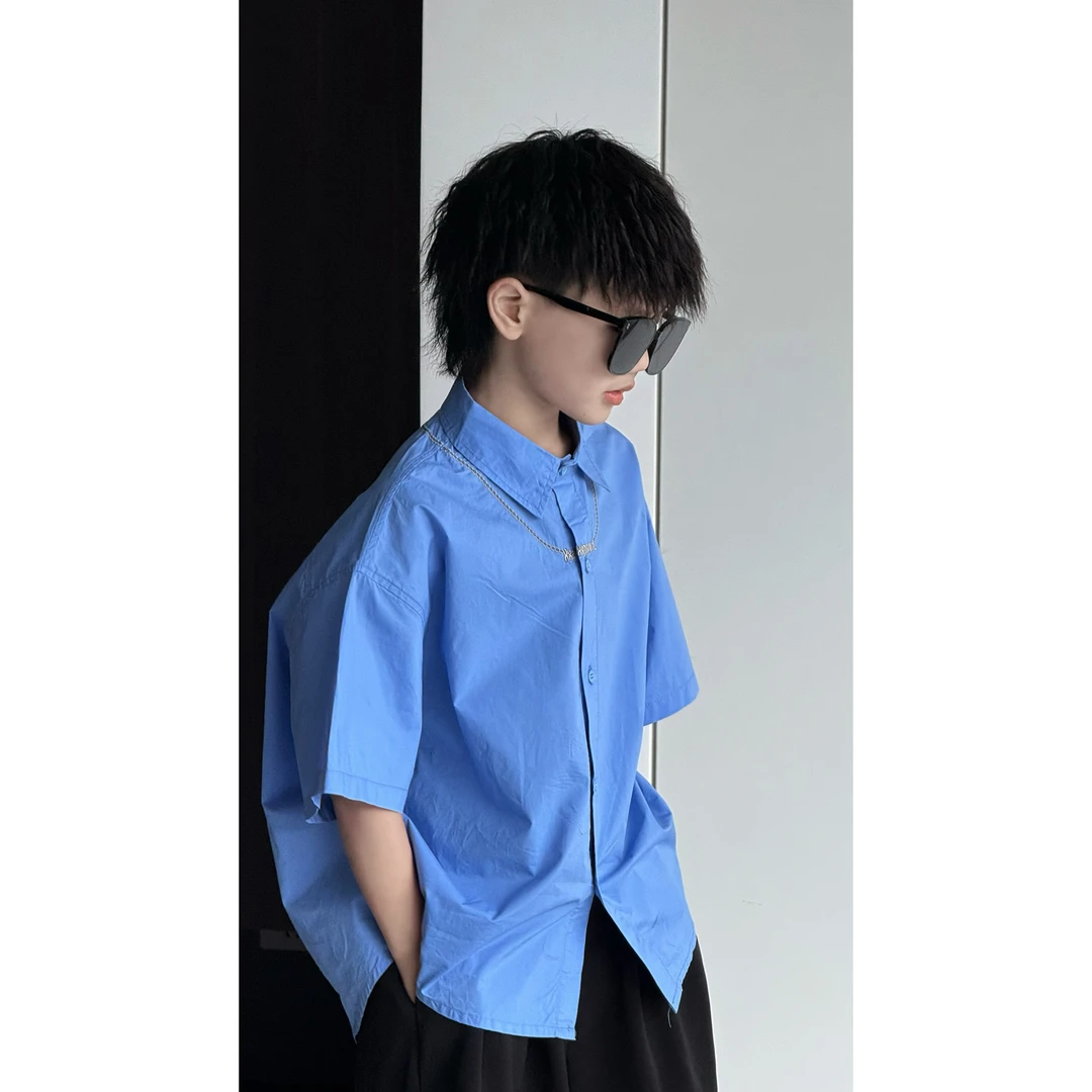 现货THE LUHAN【蓝调绮梦】夏季宽松亲子装中大童韩版半袖衬衫25187