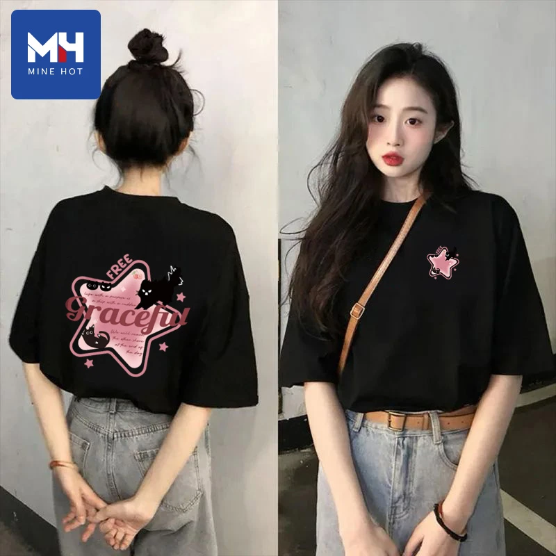 唐狮集团MH短袖t恤女夏季黑色百搭洋气设计感圆领宽松纯棉五分袖