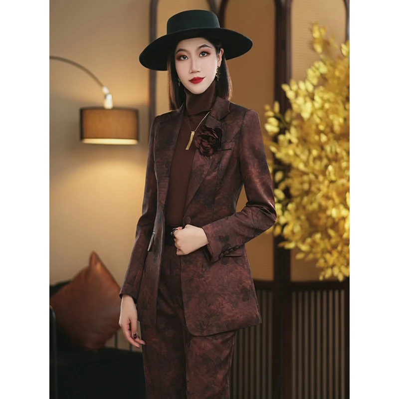 2025春季新款枫叶棕咖春季长袖新款提花国风设计师系列西装套装