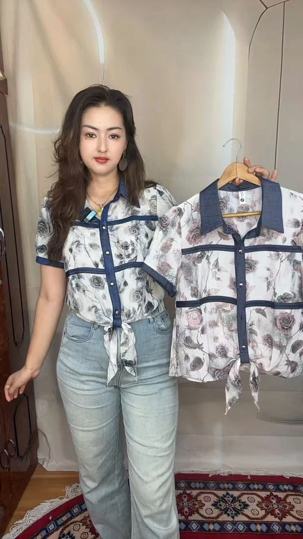轻职风上衣印花修身国风薄款小衫短款夏季衬衫衬衣碎花翻领短袖