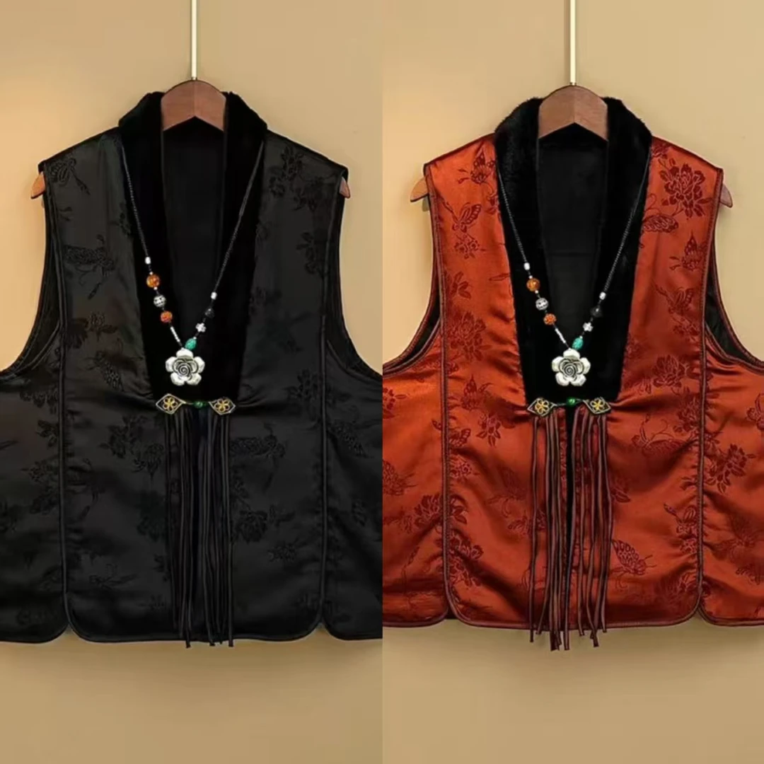 G出口马甲捡漏中式复古毛领背心刺绣微瑕